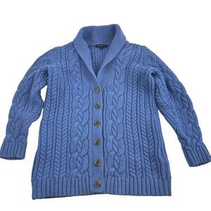 Lands End Cableknit Cardigan Blue Shawl Collar Wool Blend Button Womens Medium